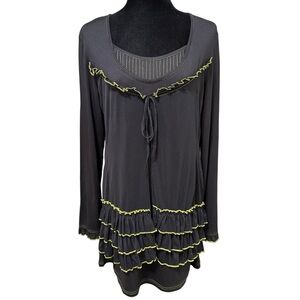 Figure Libre Black Ruffle Hem Tunic Top Large Lime Stitch Tie Front Boho Layered